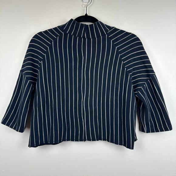 Zara W&B Collection Womens Half Sleeve Mock Neck Navy/White Striped Shirt Small - Picture 2 of 10